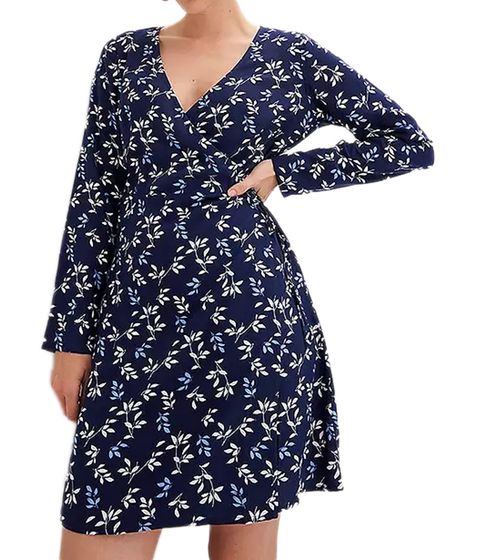 Sustainable women's mini dress, floral summer dress with long sleeves, wrap dress, holiday dress, 937245, dark blue/white