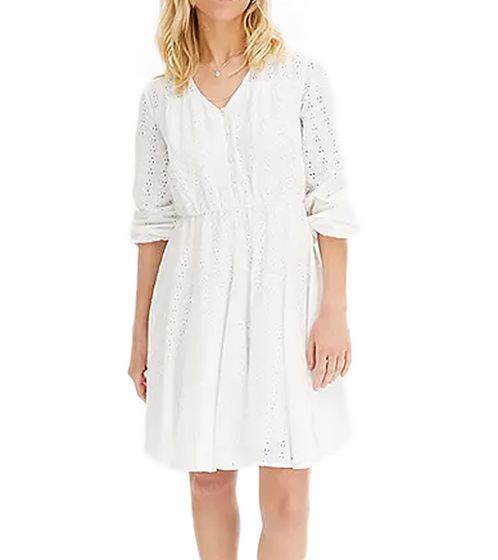 Sustainable women's cotton dress, embroidered summer dress, long-sleeved dress with button placket, A-line silhouette, 952586 White