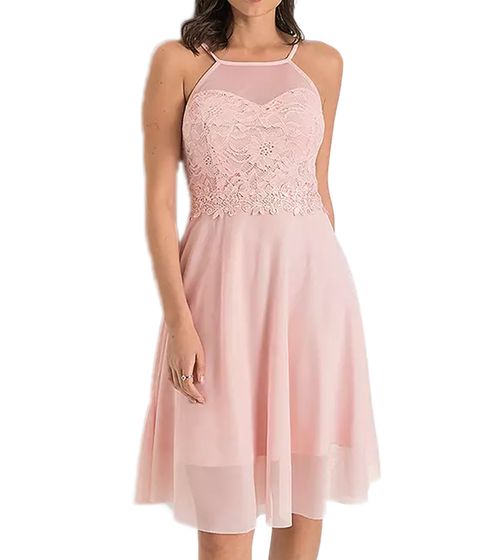 elegantes Damen Sommer-Kleid mit Spitzen-Oberteil Mini-Kleid mit herzförmigem Dekolleté Frühlings-Kleid 920800 Rosa