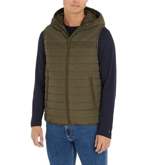 Tommy Hilfiger Hooded Padded Men's Quilted Vest with Hood, Transitional Vest with Embroidery, 13362038 Khaki