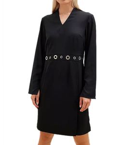 elegantes Damen Etui-Kleid Business-Kleid mit Ösenbesatz Sommer-Kleid Langarm-Kleid 951072 Schwarz