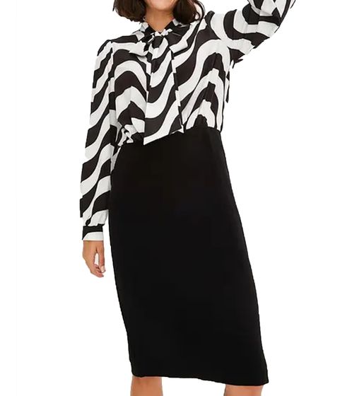 Elegant women's midi dress, business dress with a bow, summer dress, long-sleeved dress, 940989 black/white