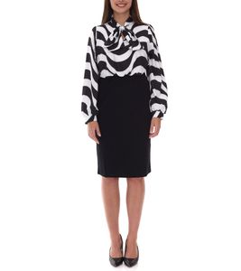 Robe midi élégante pour femme, robe d'affaires avec nœud, robe d'été, robe à manches longues 940989 noir/blanc