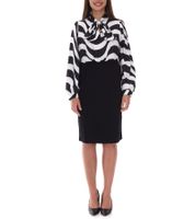 Robe midi élégante pour femme, robe d'affaires avec nœud, robe d'été, robe à manches longues 940989 noir/blanc