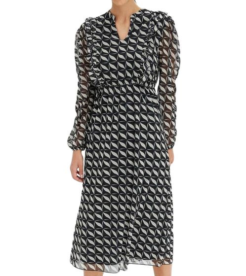 Women's A-line chiffon dress with geometric pattern, beautiful summer dress, light midi spring dress with V-neck 958063 Black/Cream