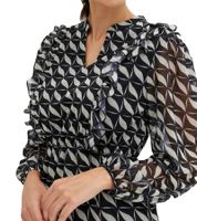 Robe trapèze en mousseline à motif géométrique pour femme, robe d'été midi légère et élégante avec col en V, 958063 Noir/Crème