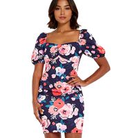 Robe d'été pour femme avec imprimé floral all-over, mini-robe à manches bouffantes, robe décontractée 931070 Bleu/Multicolore