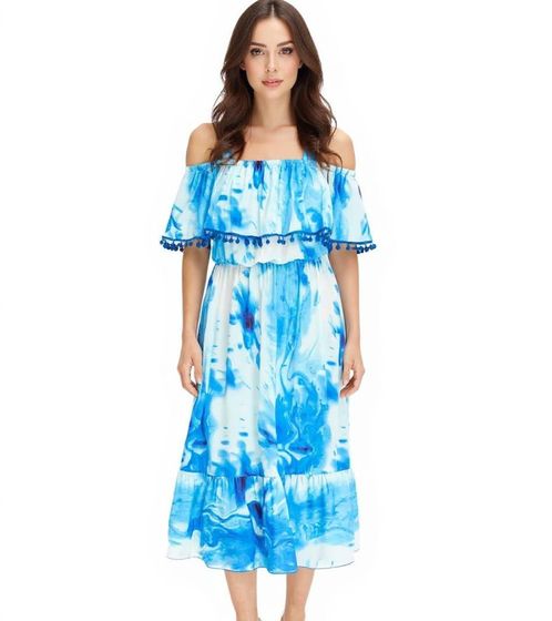 Women's Summer Jersey Dress in an All-Over Batik Design with Pompoms and Ruffles, 925122 Blue