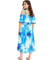 Robe d'été en jersey pour femme au motif batik all-over avec pompons et volant 925122 Bleu