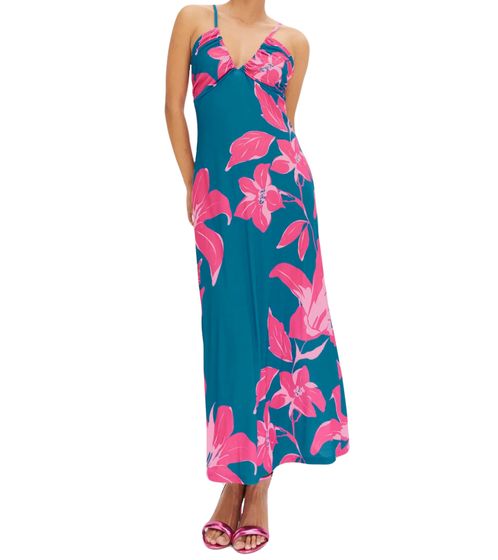 Off-the-shoulder women's summer dress with floral print, modern maxi strap dress with adjustable V-neck, 957125 Blue/Pink