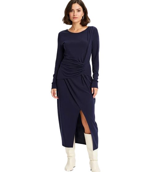 Women's Midi Dress, Summer Dress with Wrap Look, Casual Dress, Long-Sleeved Dress, 952182 Dark Blue