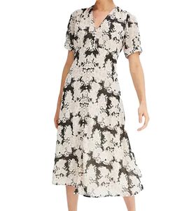 Floral Women's Summer Dress, Sustainable Midi Dress Made from Recycled Material, Knee-Length Lightweight Chiffon Dress with Button Placket 963798 White/Pink/Black