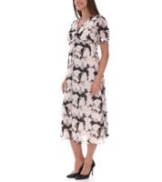 Floral Women's Summer Dress, Sustainable Midi Dress Made from Recycled Material, Knee-Length Lightweight Chiffon Dress with Button Placket 963798 White/Pink/Black Floral Women's Summer Dress, Sustainable Midi Dress Made from Recycled Material, Knee-Length Lightweight Chiffon Dress with Button Placket 963798 White/Pink/Black