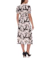 Floral Women's Summer Dress, Sustainable Midi Dress Made from Recycled Material, Knee-Length Lightweight Chiffon Dress with Button Placket 963798 White/Pink/Black Floral Women's Summer Dress, Sustainable Midi Dress Made from Recycled Material, Knee-Length Lightweight Chiffon Dress with Button Placket 963798 White/Pink/Black
