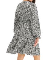 Sustainable Women's Mini Dress, Abstract Printed Summer Dress with V-Neck, Long Sleeve Dress 910177 Black/Light Beige