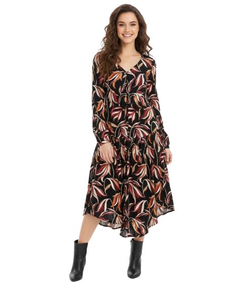 Women's Midi Dress, Floral Summer Dress with V-Neck, Long Sleeve Dress 908383 Black/Multicolored