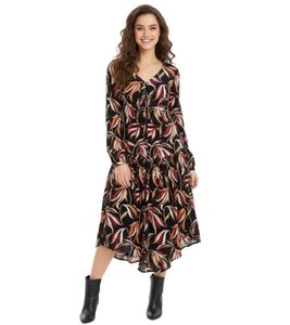 Women's Midi Dress, Floral Summer Dress with V-Neck, Long Sleeve Dress 908383 Black/Multicolored