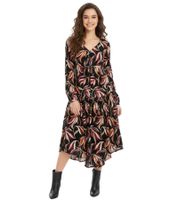 Women's Midi Dress, Floral Summer Dress with V-Neck, Long Sleeve Dress 908383 Black/Multicolored