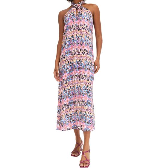 Women's Summer Dress, Halterneck Dress with Colorful All-Over Print, Sleeveless Maxi Dress 968836 Pink/Orange/Black