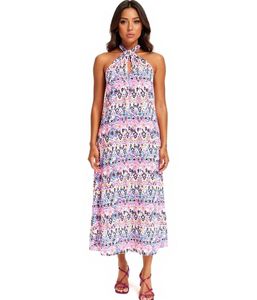 Robe d'été femme épaules dénudées à imprimé floral, robe longue moderne à bretelles avec col en V réglable 957125 Bleu/Rose