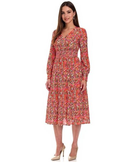 Summery women's midi dress with V-neck, vacation dress with all-over print, summer dress, spring dress 904366 pink/red/green