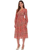 Summery Women's Midi Dress with V-Neck, Vacation Dress with All-Over Print, Summer Dress 904366 Pink/Red/Green