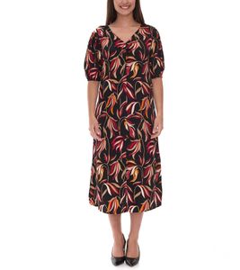 Robe d'été femme à imprimé floral, robe midi à col V 913297 Noir/Rouge/Orange