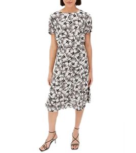 Robe midi femme durable à motif floral, robe d'été à manches courtes, robe de printemps 979301 blanc/noir