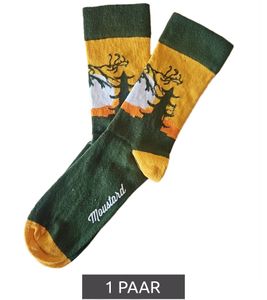 1 pairs of Moustard Samurai cotton socks with shadow image of a female fighter patterned long socks 22S-SAMU yellow/orange/white