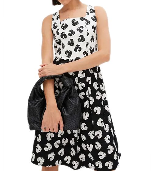 Women's Summer Dress with Graphic Print, Cotton Dress, Spring Dress, Sleeveless Midi Dress 948746 White/Black