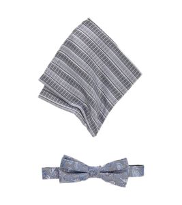 MONTI Men's Silk Bow Tie and Pocket Square Set, Stylish Double-Layered Business Bow Tie, 10368311, Gray-Blue