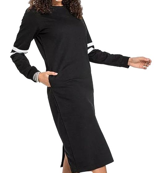 Women's Sweater Dress, Long-Sleeved Dress with Slit and White Stripes, Sweatshirt Dress 904882, Black