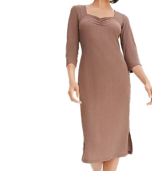 Women's simple summer dress with 3/4 sleeves, spring dress with ruffles, midi dress 936967 brown