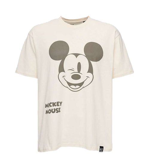 RE:COVERED X Disney Men's T-Shirt with Large Mickey Mouse Print, Cotton Crew Neck, MMDIS2772 Beige