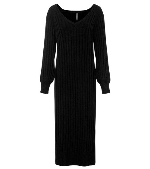 Women's Knit Dress with Slit, Elegant Midi Dress with V-Neck, Modern Long-Sleeved Dress 948240 Black