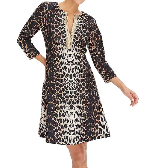 Women's Leopard Print Summer Dress with 3/4 Sleeves, Spring Dress with Glitter, V-Neck Midi Dress 918998 Brown