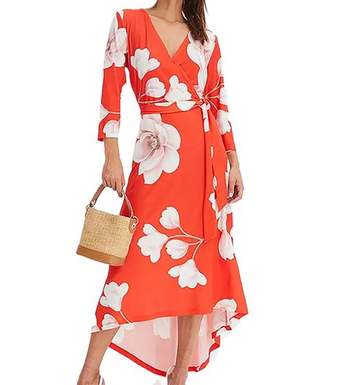 Damen Sommer-Kleid mit Blumen-Print Bindegürtel und V-Ausschnitt 3/4 Ärmel Damen Midi-Kleid Strand-Kleid 908178 Rot/Weiß