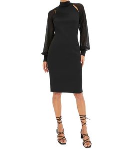 Women's Jersey Dress with Cutouts and Sheer Sleeves, Evening Dress, Cocktail Dress, Midi Dress, 949924 Black