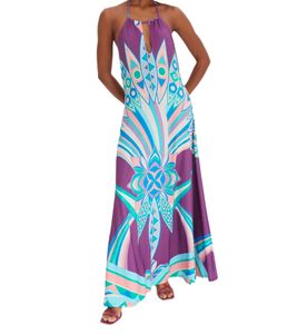 Women's Sustainable Summer Maxi Dress with Geometric Pattern, Colorful Halterneck Dress with Large Open Back, 977592, Purple/Blue/Green/Pink