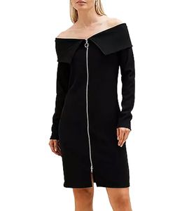 Women's Ribbed Off-Shoulder Spring Dress with Full Zipper Jersey Dress Midi Dress 949517 Black