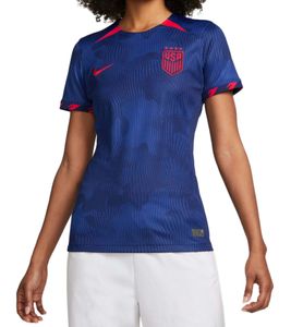 NIKE USA 2023 Women's Away Jersey, a sustainable sports jersey made from recycled materials. Slim-fit shirt with DRI-FIT technology. Soccer shirt DR4000-406 Blue/Red.