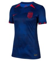 NIKE USA 2023 Women's Away Jersey, a sustainable sports jersey made from recycled materials. Slim-fit shirt with DRI-FIT technology. Soccer shirt DR4000-406 Blue/Red.