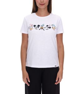 RE:COVERED X Disney Women's T-Shirt with Mickey Mouse and Friends Design, Cotton Crew Neck, RCDIF2063 White