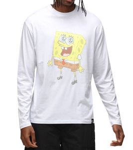 RE:COVERED X Nickelodeon Men's Long-Sleeved Shirt with SpongeBob SquarePants Design, Cotton Pullover, Crew Neck, MMVCM272 White