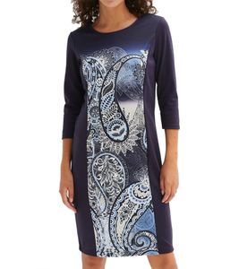 Sommer-Kleid für Damen mit Blumen-Print schönes Mini-Kleid figurbetontes Freizeit-Kleid mit 3/4-Ärmeln 947087 Blau/Weiß