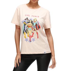 RE:COVERED X DC Women's T-Shirt with Girl Power Print, Cotton T-Shirt, Crew Neck, RCWARN614 Pink