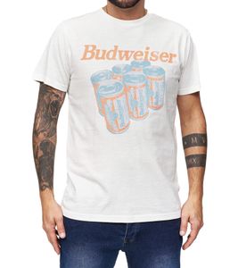 RE:COVERED X BUDWEISER Men's T-Shirt with Large Six Pack Print, Cotton Shirt, Short-Sleeved Shirt MMABI403, Ecru-White