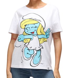 RE:COVERED X Smurfs Women's T-Shirt with Smurfette Print, Cotton Crew Neck, RCSMF118 White