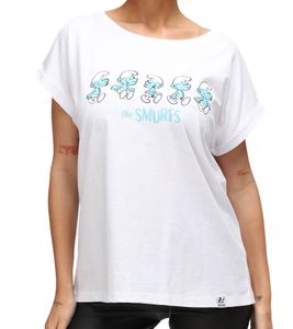 RE:COVERED X Smurfs Women's T-Shirt with Smurf Print, Cotton Boyfriend Fit, Crew Neck, RCSMF116 White