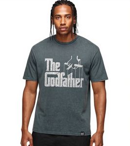 RE:COVERED X The Godfather Herren Baumwoll-Shirt mit großem Schriftzug-Print Kurzarm-Shirt MMVCM274 Grau